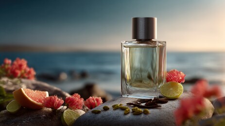 香水瓶与柑橘花香元素的海边静物