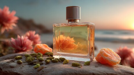 海边日落下的香水瓶与橙花