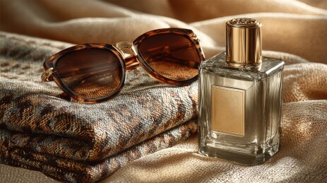香水瓶与墨镜置于柔软织物之上