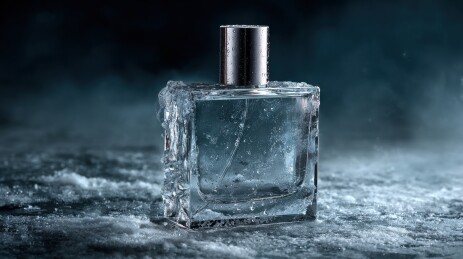 冰冻香水瓶在烟雾背景中