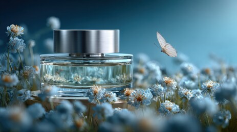 香水瓶置于花丛中蝴蝶翩翩飞舞