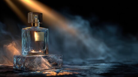 香水瓶置于烟雾中光线照射