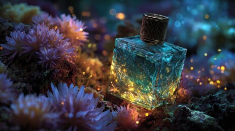 梦幻花丛中的发光香水瓶