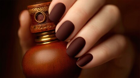深棕色美甲与木质瓶盖的优雅搭配