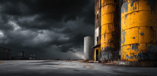 阴沉天空下废旧黄筒仓呈现工业风的复古沧桑
