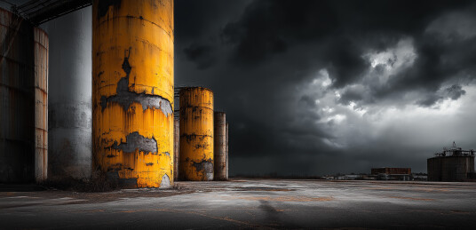 阴沉天空下废旧黄筒仓呈现工业风的复古沧桑