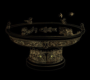 流落海外国宝青铜器鱼龟纹立鸟旅盘手绘线稿