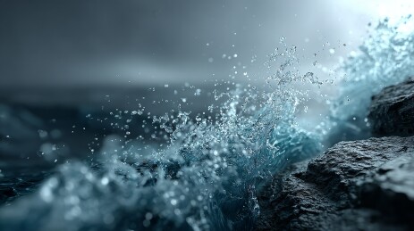 海浪撞击岩石溅起白色浪花的自然景象