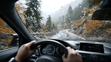 雨中驾驶：山间蜿蜒公路上的视线挑战