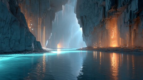 发光水潭与岩石形成的魔法洞穴