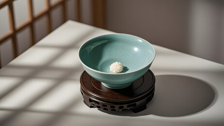 浅色桌面青色小碗搭配底座