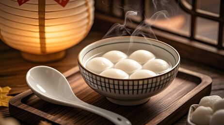 古雅窗景木盘盛汤圆温馨画面