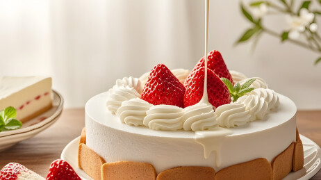 精致摆盘草莓蛋糕美味画面