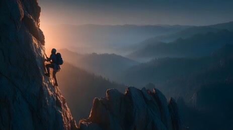 攀岩者挑战峭壁日出