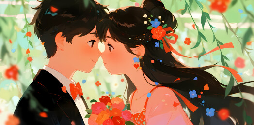 花海中的情侣亲吻