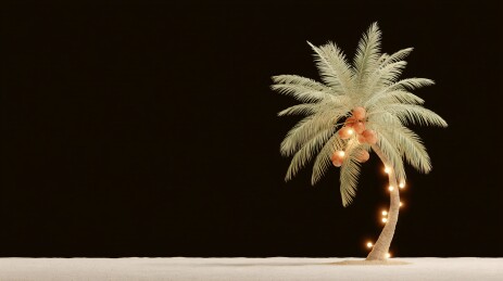 装饰有灯串的弯曲棕榈树