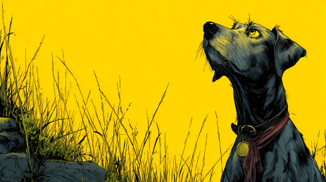 黑犬仰望，背景金黄