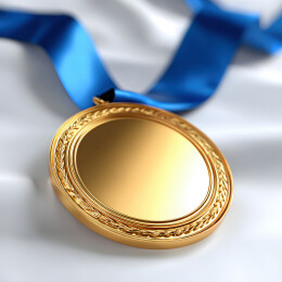 蓝色丝带悬挂的金牌