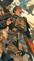 古代武士怒吼背景火焰与飞鸟