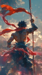 勇士挥舞长矛红绸飘扬