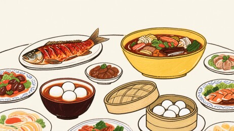 餐桌摆放各种食物菜肴