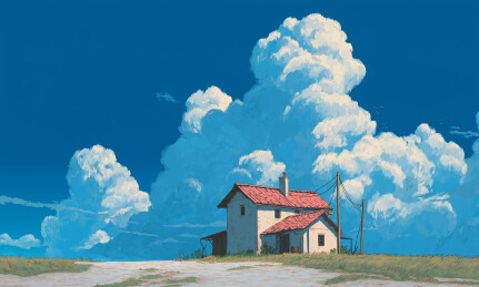 郊外草地房子蓝天白云