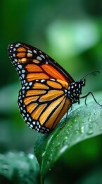 橙黑相间的帝王蝶停歇在绿叶上