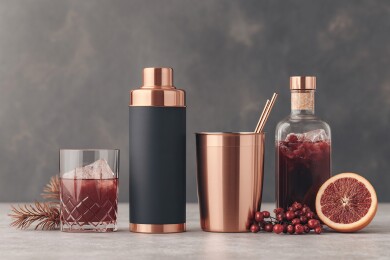 铜制调酒器具与饮品静物图