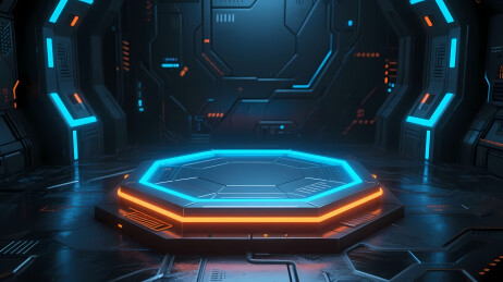 八边形平台的蓝橙灯光点缀