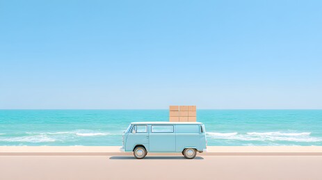 海边公路上载着箱子的蓝色面包车