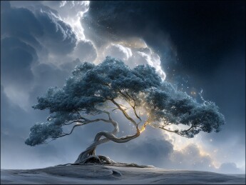 暴风雨中孤独矗立的壮丽树木