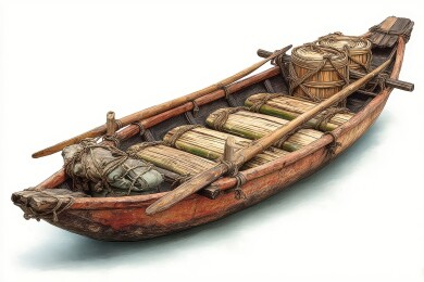 传统木制小舟与竹制货物