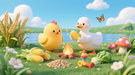 田园风光中的小鸭与小鸡