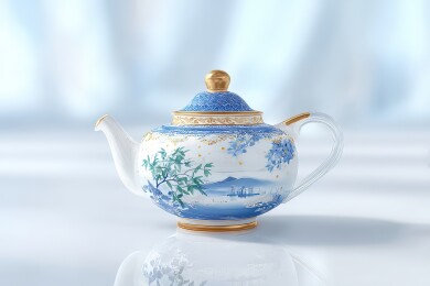 精美蓝白瓷壶与山水画工艺展示