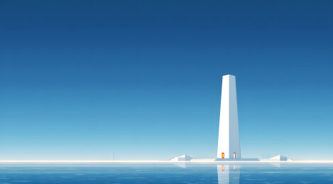 蓝天碧水间的白色高塔