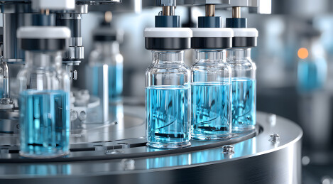 制药车间上的蓝色玻璃药瓶