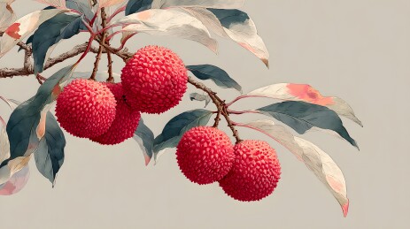 荔枝树枝特写 果实鲜红 唯美意境