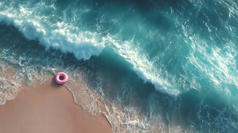 海浪沙滩粉色泳圈
