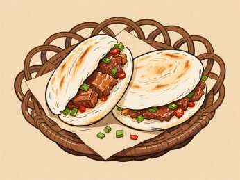 馍夹肉搭配小料置于篮中