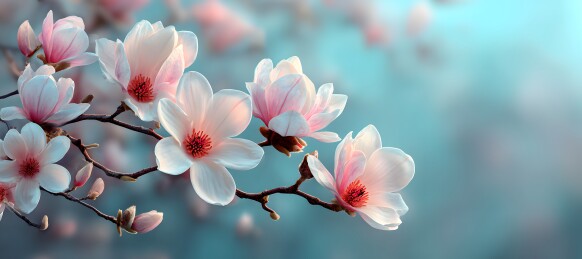 粉色木兰花盛开在蓝色背景下