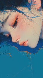 蓝色背景中的沉睡少女