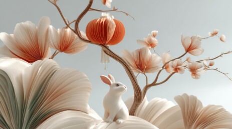 纸艺花树下的白兔