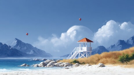 梦幻海滩上的瞭望塔与热气球