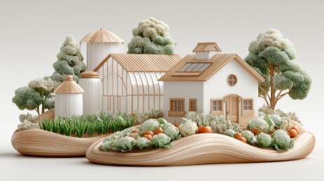 田园风光中的生态农舍与丰收蔬菜