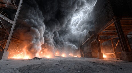 工业建筑内的熊熊大火与浓烟