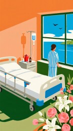 病人窗边眺望病床花束