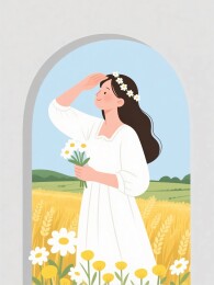田野少女手捧鲜花凝望