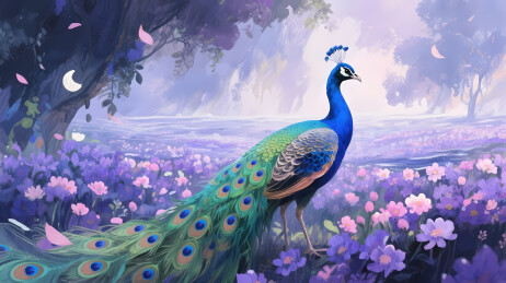 蓝绿孔雀与花海