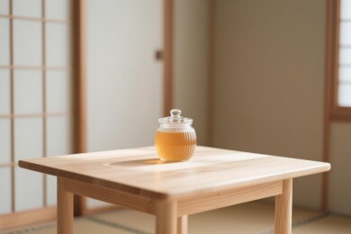 玻璃茶壶暖色调日式茶室场景