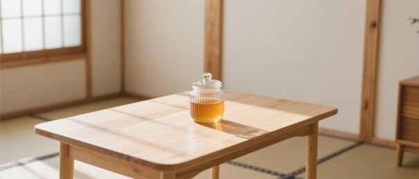 玻璃茶壶暖色调日式茶室场景